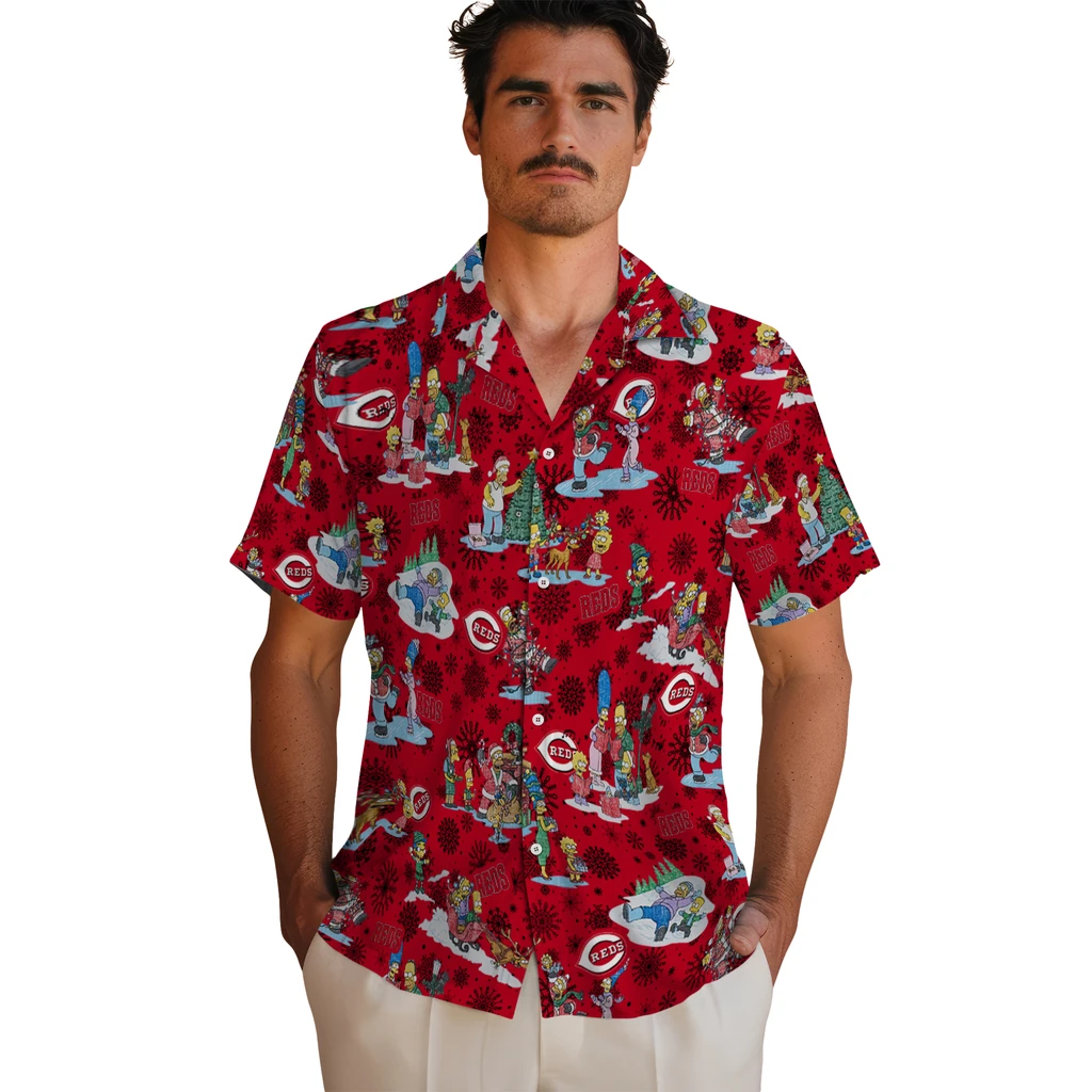 Cincinnati Reds Hawaiian Shirt - Simpsons Christmas cincinnati reds simpsons christmas red hawaiian shirts fashion forward