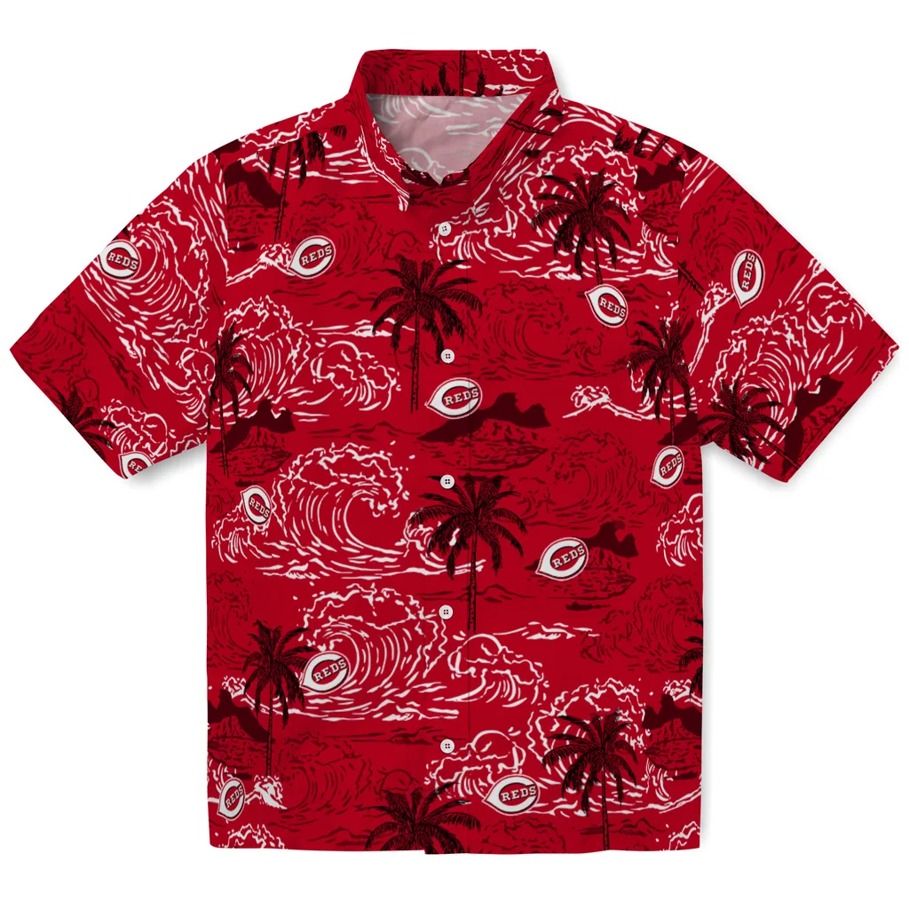 Cincinnati Reds Hawaiian Shirt - Wave Palm cincinnati reds wave palm red hawaiian shirts best selling