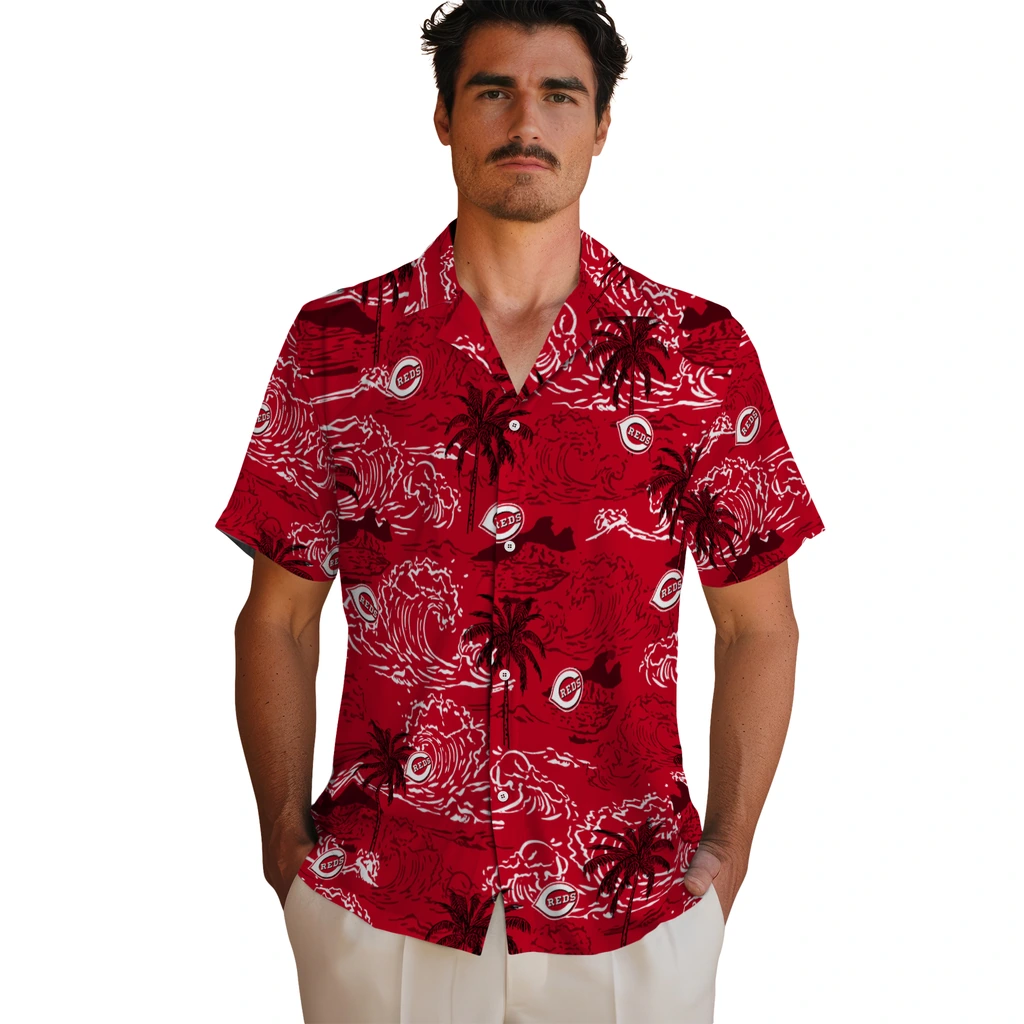 Cincinnati Reds Hawaiian Shirt - Wave Palm cincinnati reds wave palm red hawaiian shirts fashion forward