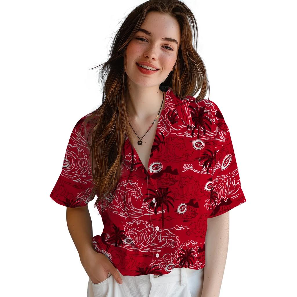 Cincinnati Reds Hawaiian Shirt - Wave Palm cincinnati reds wave palm red hawaiian shirts latest model