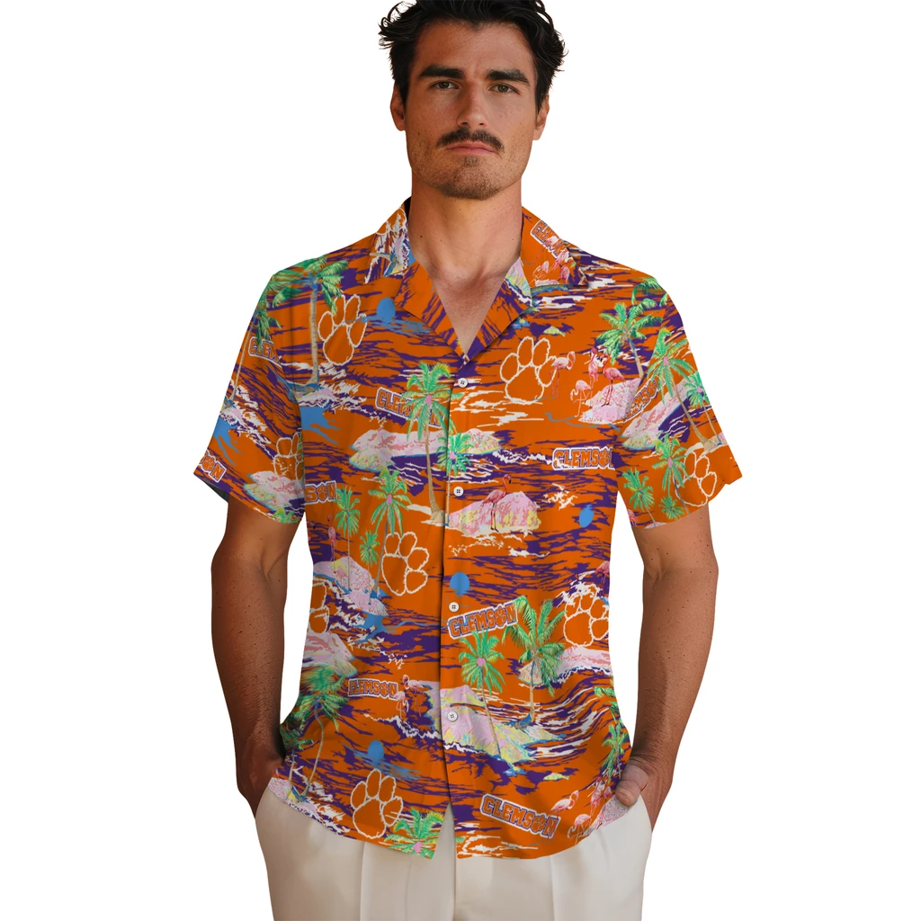 Clemson Tigers Hawaiian Shirt - Hawaii Island clemson tigers flamingo retreat orange hawaiian shirts fashion forward