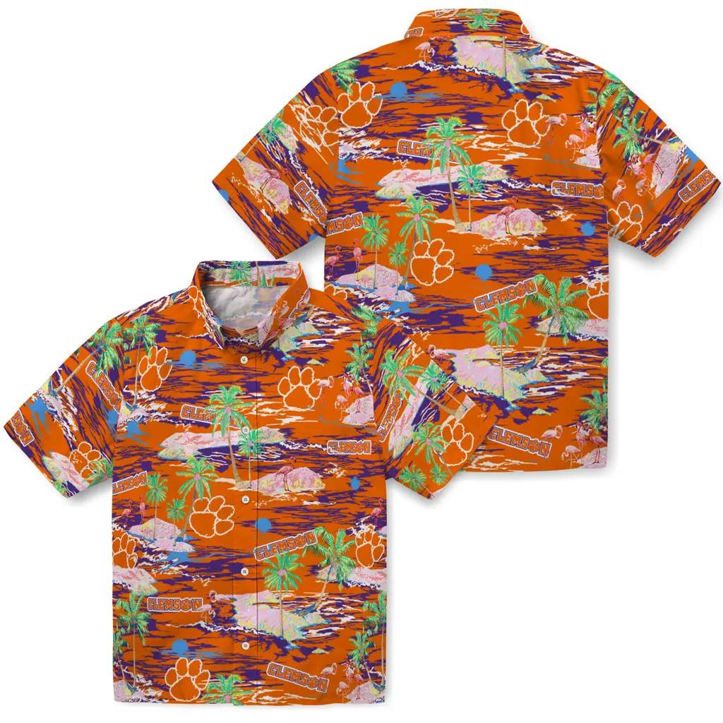 Clemson Tigers Hawaiian Shirt - Hawaii Island clemson tigers flamingo retreat orange hawaiian shirts high quality