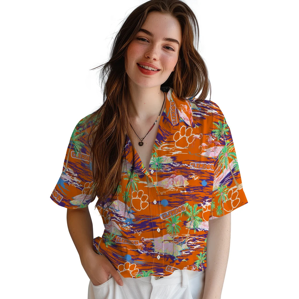 Clemson Tigers Hawaiian Shirt - Hawaii Island clemson tigers flamingo retreat orange hawaiian shirts latest model