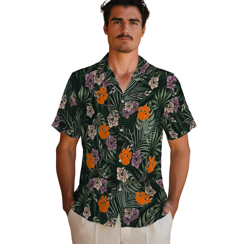 Clemson Tigers Hawaiian Shirt - Hibiscus Leaves Pattern clemson tigers hibiscus leaves pattern green hawaiian shirts fashion forward