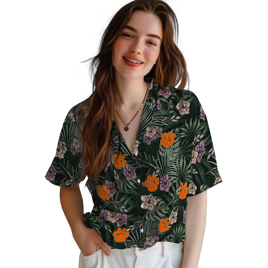 Clemson Tigers Hawaiian Shirt - Hibiscus Leaves Pattern clemson tigers hibiscus leaves pattern green hawaiian shirts latest model
