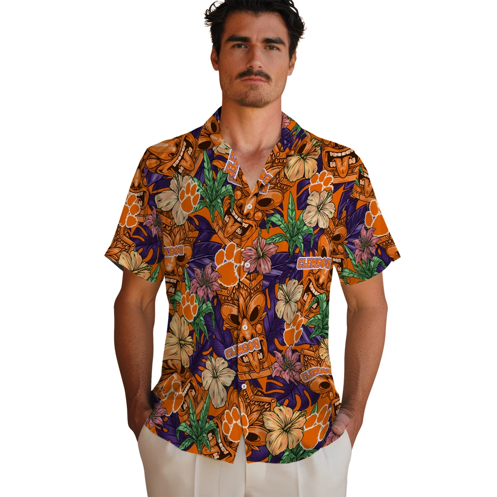 Clemson Tigers Hawaiian Shirt - Hibiscus Tiki Jungle clemson tigers tiki jungle orange hawaiian shirts fashion forward