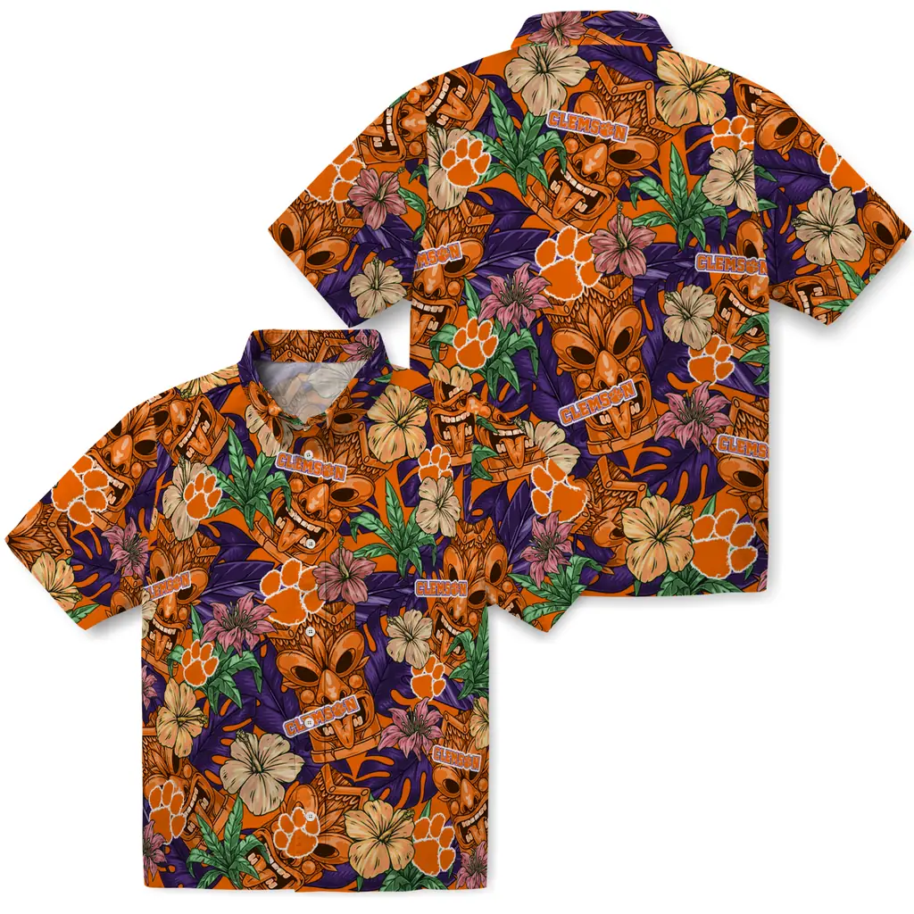 Clemson Tigers Hawaiian Shirt - Hibiscus Tiki Jungle clemson tigers tiki jungle orange hawaiian shirts high quality