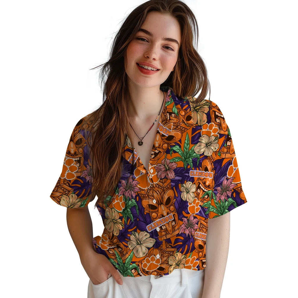 Clemson Tigers Hawaiian Shirt - Hibiscus Tiki Jungle clemson tigers tiki jungle orange hawaiian shirts latest model