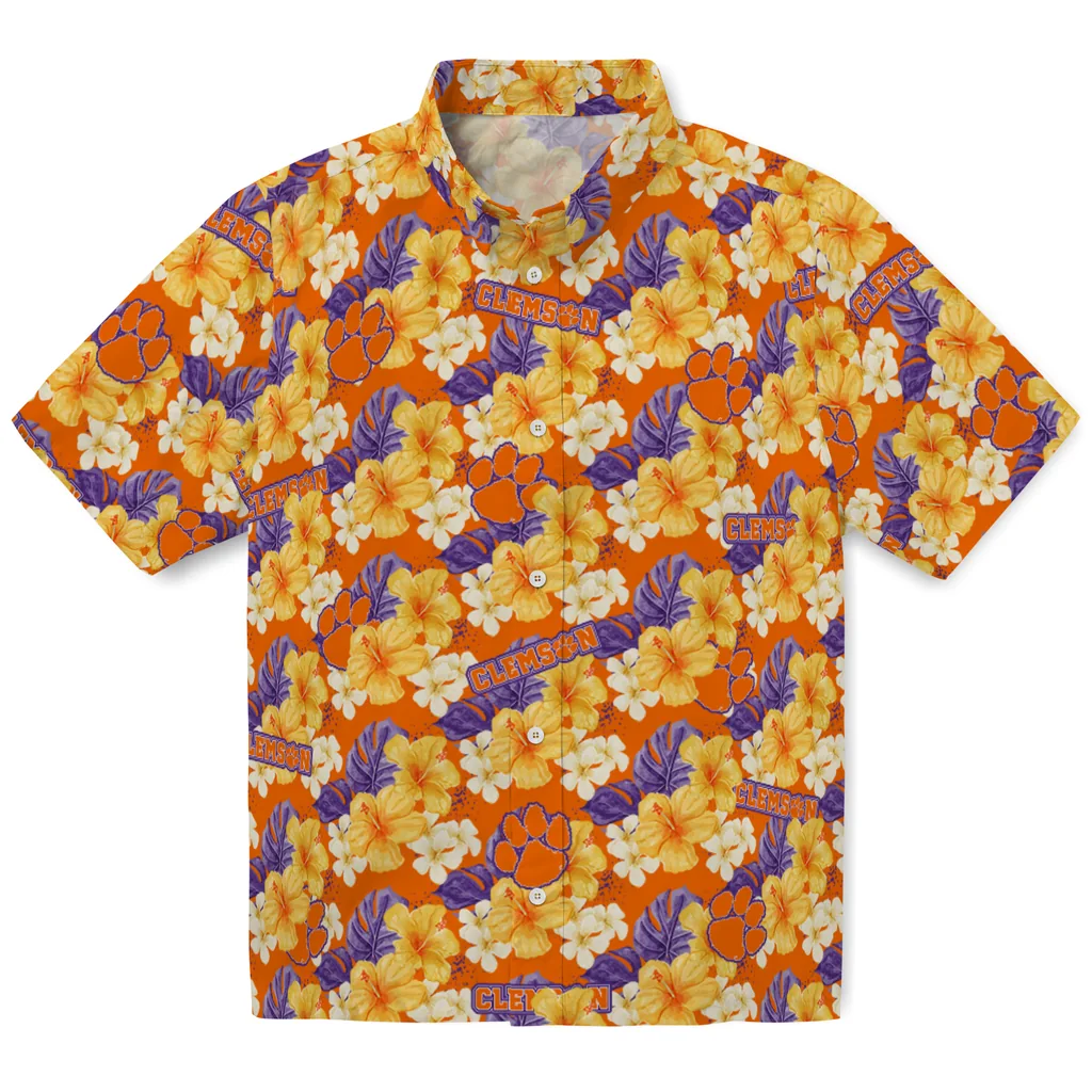 Clemson Tigers Hawaiian Shirt - Hibiscus Tropics clemson tigers hibiscus tropics orange yellow hawaiian shirts best selling
