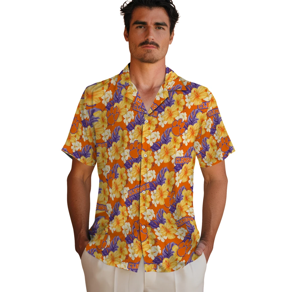 Clemson Tigers Hawaiian Shirt - Hibiscus Tropics clemson tigers hibiscus tropics orange yellow hawaiian shirts fashion forward