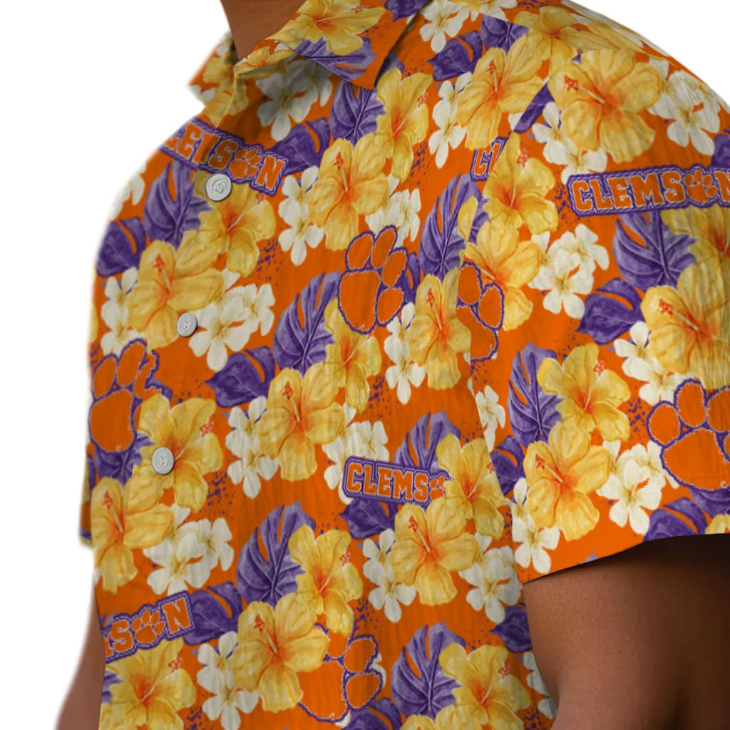 Clemson Tigers Hawaiian Shirt - Hibiscus Tropics clemson tigers hibiscus tropics orange yellow hawaiian shirts trendy