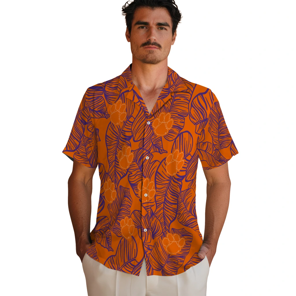 Clemson Tigers Hawaiian Shirt - Leaf Outline clemson tigers leaf outline orange hawaiian shirts fashion forward