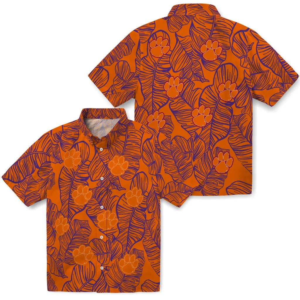 Clemson Tigers Hawaiian Shirt - Leaf Outline clemson tigers leaf outline orange hawaiian shirts high quality
