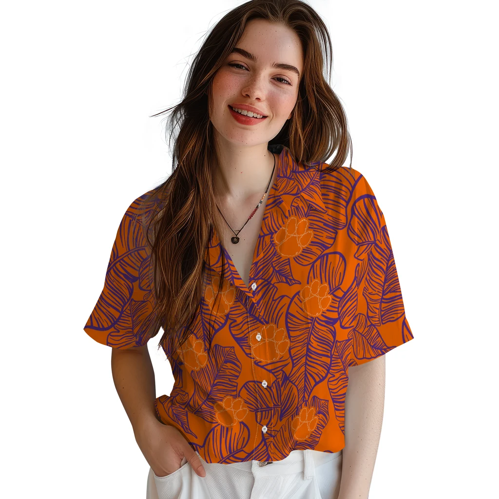 Clemson Tigers Hawaiian Shirt - Leaf Outline clemson tigers leaf outline orange hawaiian shirts latest model