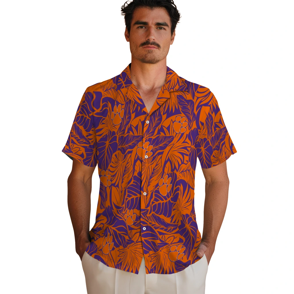 Clemson Tigers Hawaiian Shirt - Monstera Layer clemson tigers monstera layer orange hawaiian shirts fashion forward