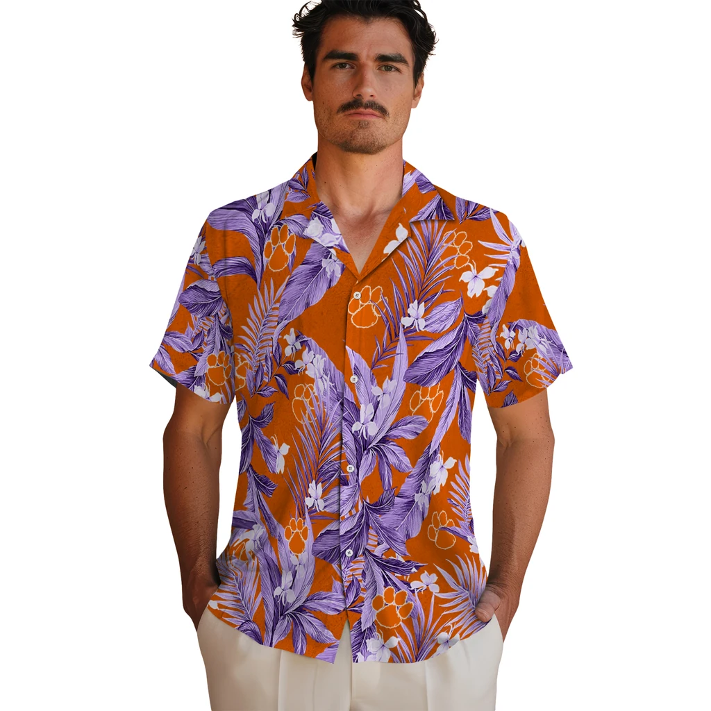 Clemson Tigers Hawaiian Shirt - Palm Leaves clemson tigers palm leaves orange hawaiian shirts fashion forward