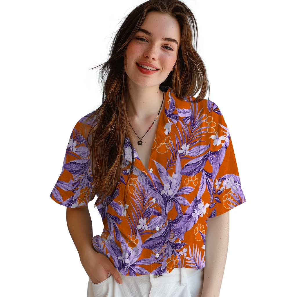 Clemson Tigers Hawaiian Shirt - Palm Leaves clemson tigers palm leaves orange hawaiian shirts latest model