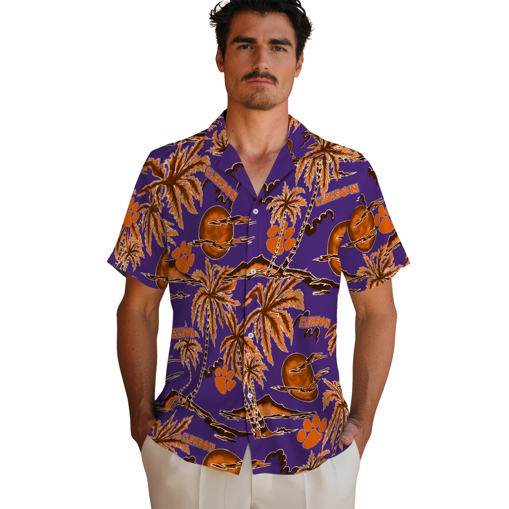 Clemson Tigers Hawaiian Shirt - Palm Sunset clemson tigers palm sunset hawaiian shirts fashion forward