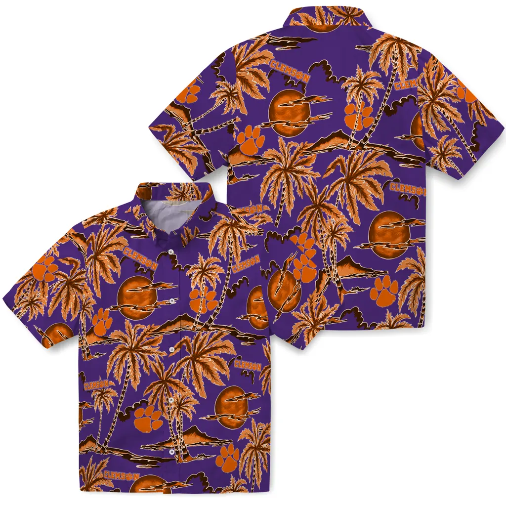 Clemson Tigers Hawaiian Shirt - Palm Sunset clemson tigers palm sunset hawaiian shirts high quality