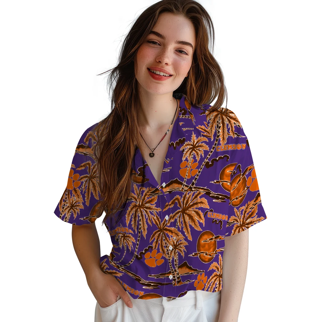Clemson Tigers Hawaiian Shirt - Palm Sunset clemson tigers palm sunset hawaiian shirts latest model