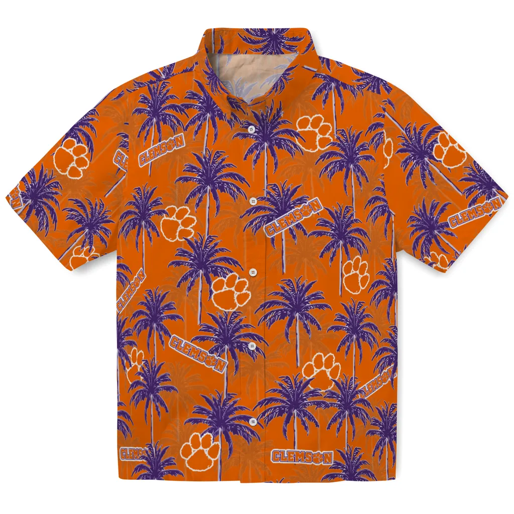 Clemson Tigers Hawaiian Shirt - Palm Tree Motif clemson tigers palm grove orange hawaiian shirts best selling