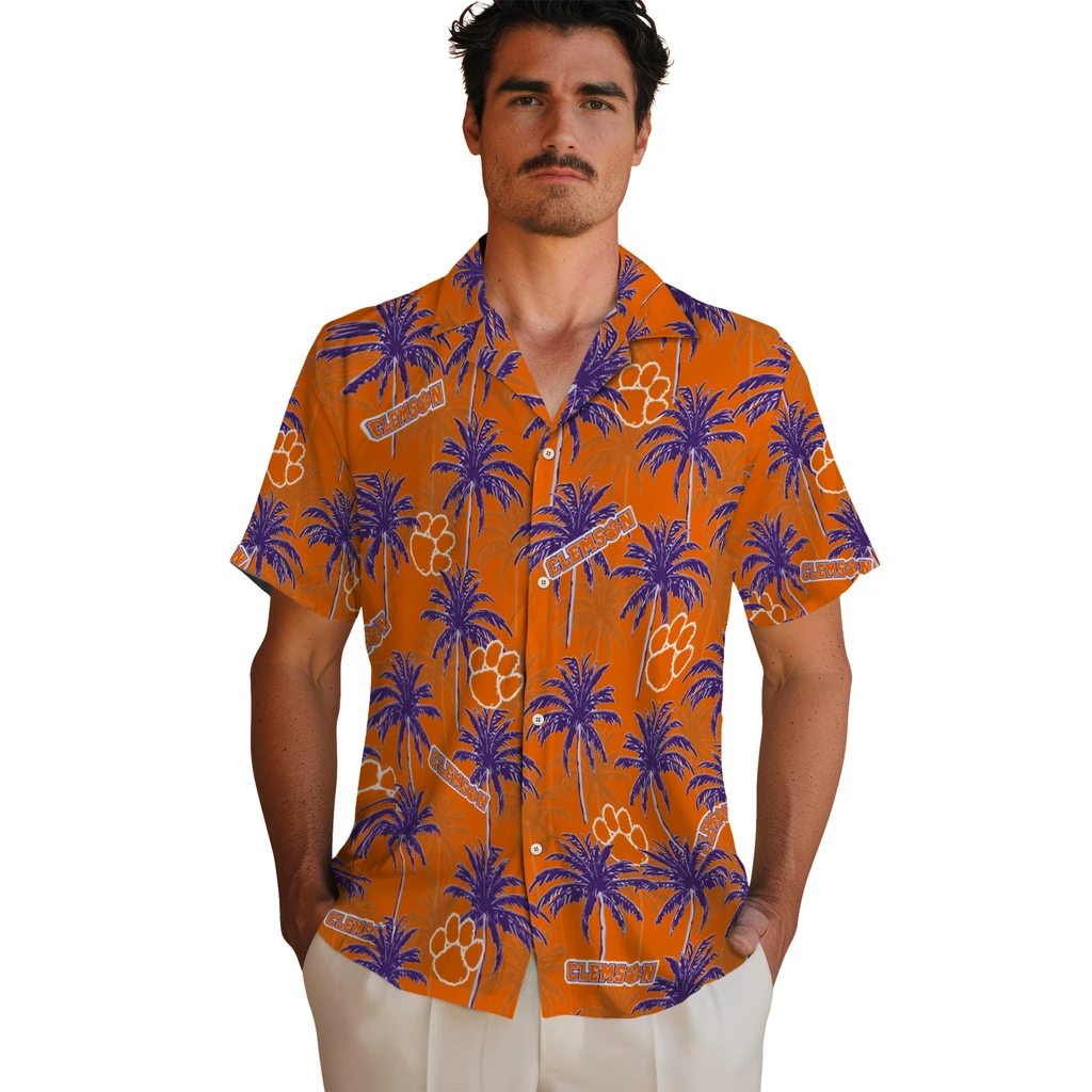 Clemson Tigers Hawaiian Shirt - Palm Tree Motif clemson tigers palm grove orange hawaiian shirts fashion forward
