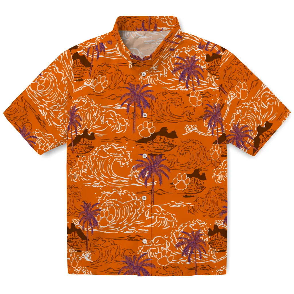Clemson Tigers Hawaiian Shirt - Wave Palm clemson tigers wave palm orange hawaiian shirts best selling