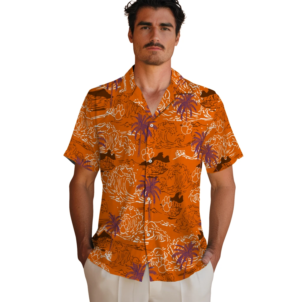Clemson Tigers Hawaiian Shirt - Wave Palm clemson tigers wave palm orange hawaiian shirts fashion forward