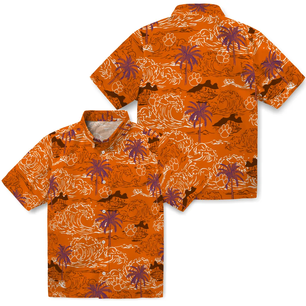 Clemson Tigers Hawaiian Shirt - Wave Palm clemson tigers wave palm orange hawaiian shirts high quality