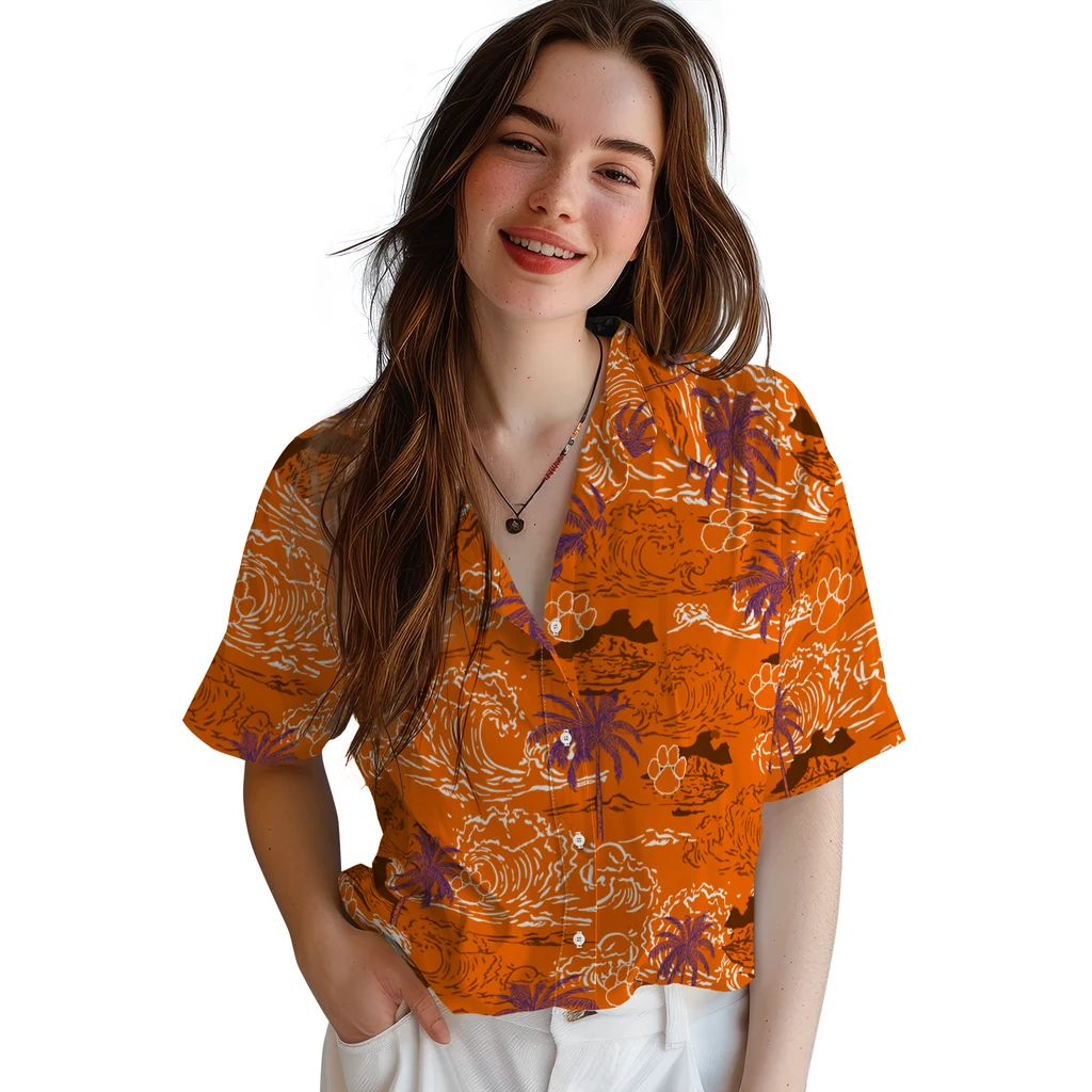 Clemson Tigers Hawaiian Shirt - Wave Palm clemson tigers wave palm orange hawaiian shirts latest model