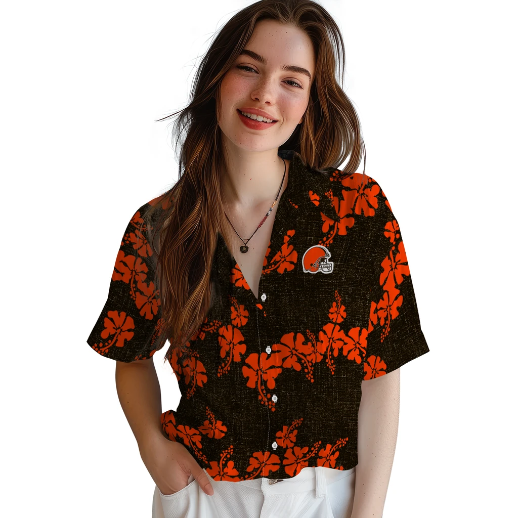 Cleveland Browns Hawaiian Shirt - 50th State Flower cleveland browns hibiscus petals brown hawaiian shirts latest model