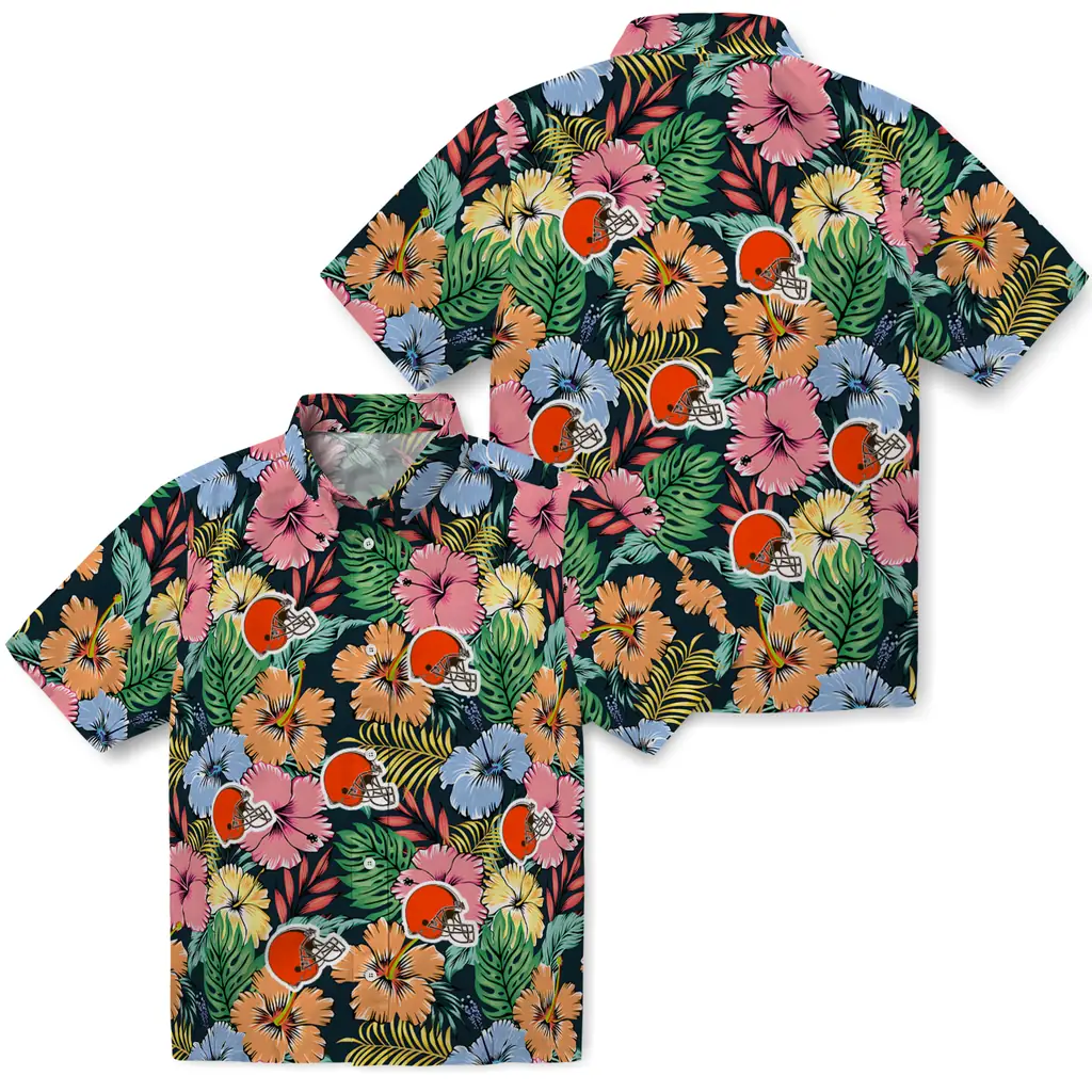 Cleveland Browns Hawaiian Shirt - Brilliant Hibiscus Garden cleveland browns brilliant hibiscus garden hawaiian shirts high quality