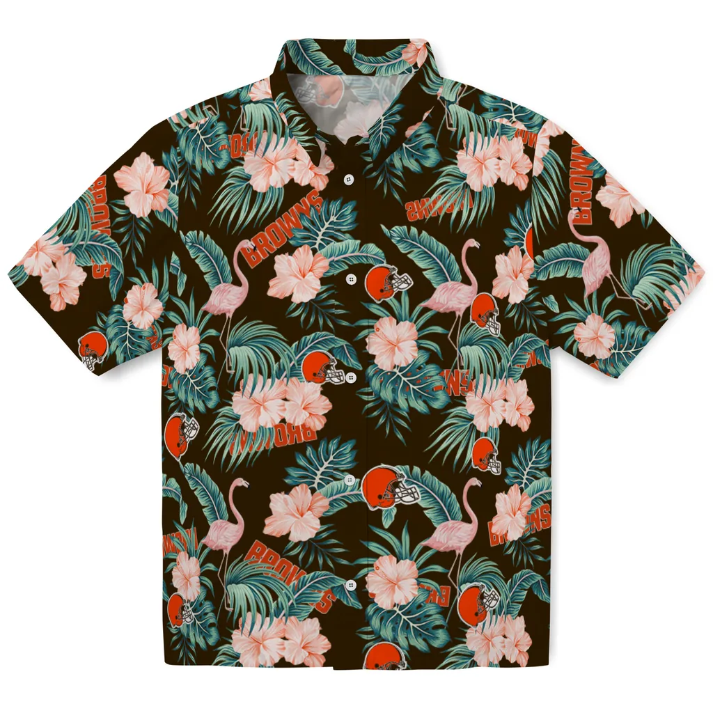 Cleveland Browns Hawaiian Shirt - Flamingo and Hibiscus cleveland browns flamingo palms brown hawaiian shirts best selling