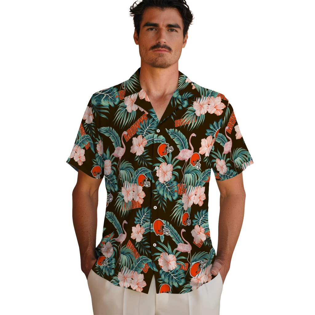 Cleveland Browns Hawaiian Shirt - Flamingo and Hibiscus cleveland browns flamingo palms brown hawaiian shirts fashion forward