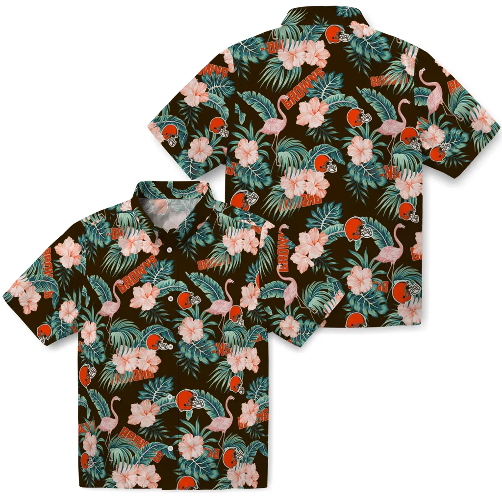 Cleveland Browns Hawaiian Shirt - Flamingo and Hibiscus cleveland browns flamingo palms brown hawaiian shirts high quality