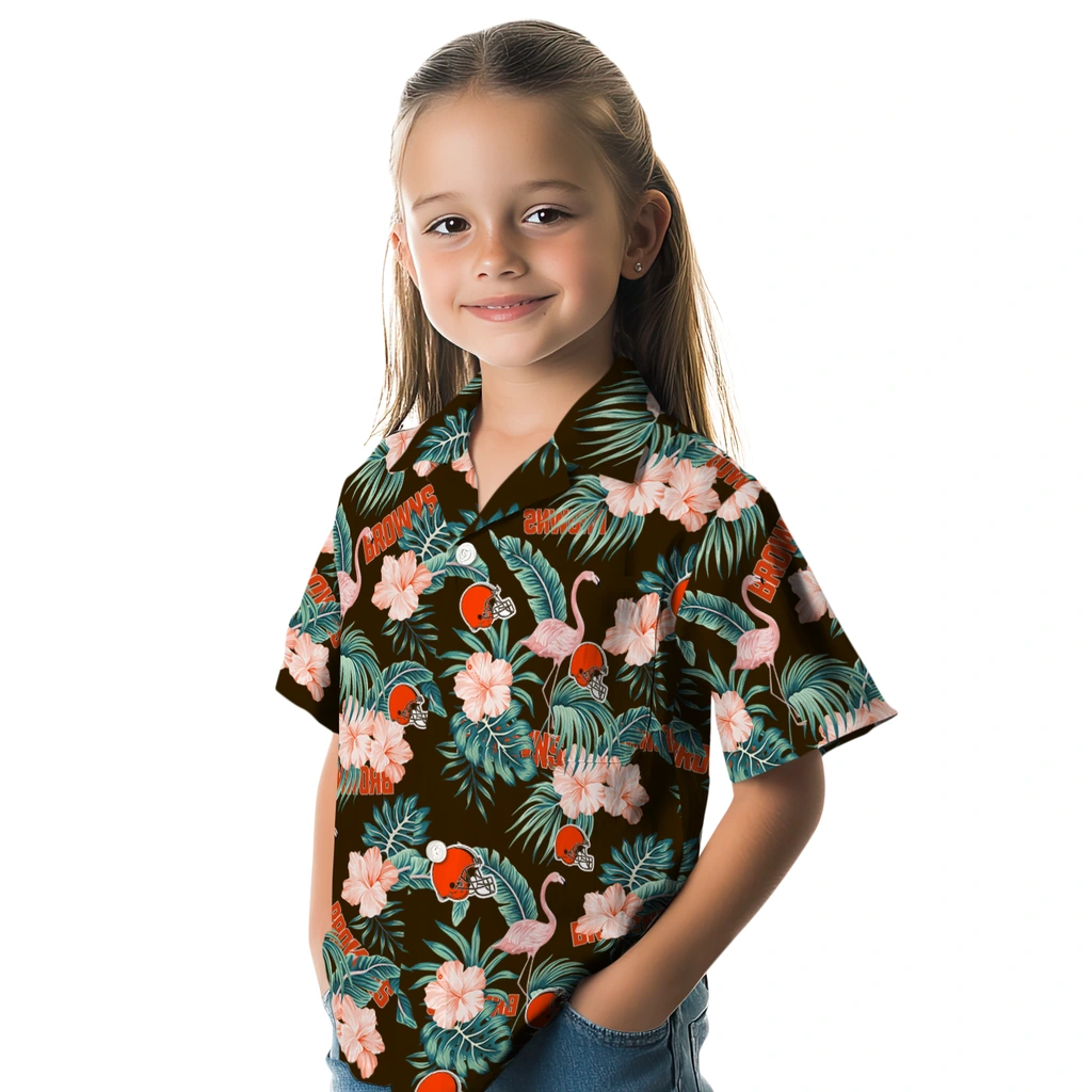 Cleveland Browns Hawaiian Shirt - Flamingo and Hibiscus cleveland browns flamingo palms brown hawaiian shirts premium grade