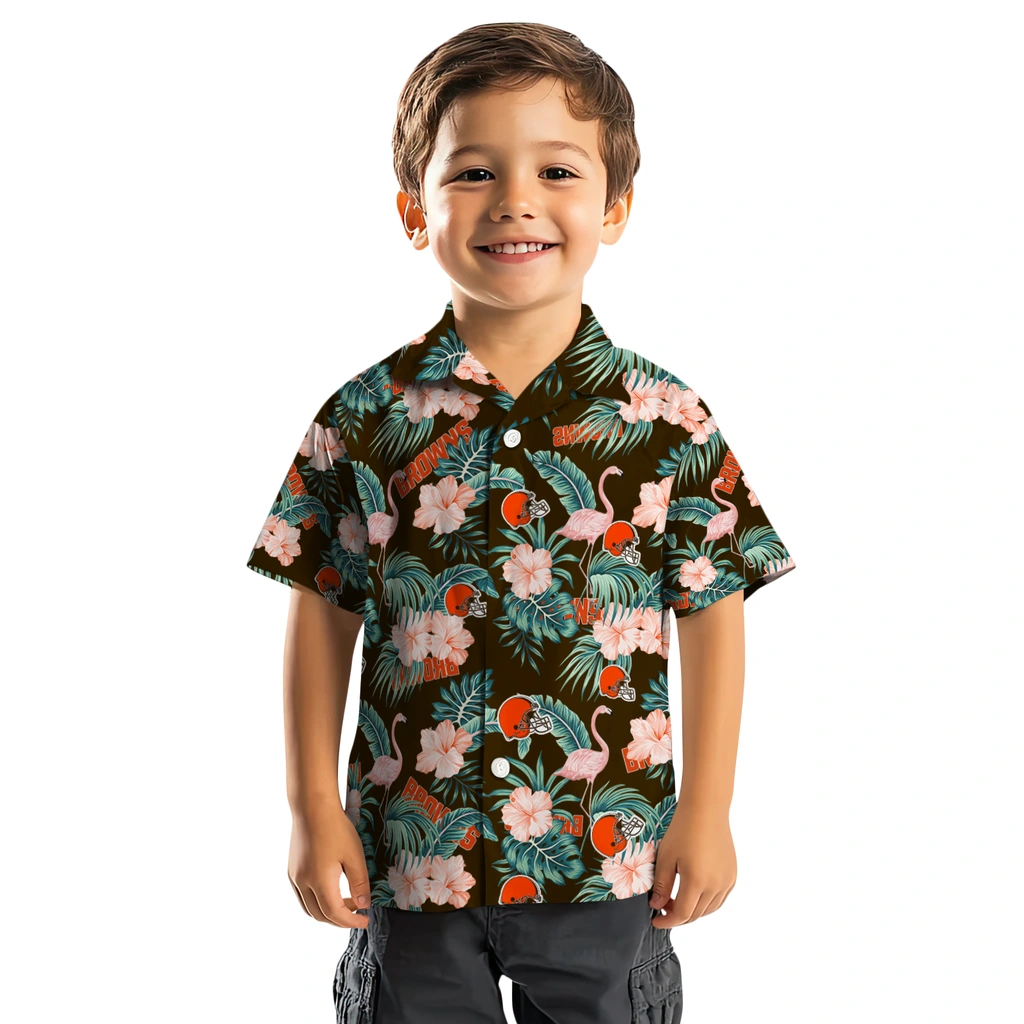 Cleveland Browns Hawaiian Shirt - Flamingo and Hibiscus cleveland browns flamingo palms brown hawaiian shirts top rated