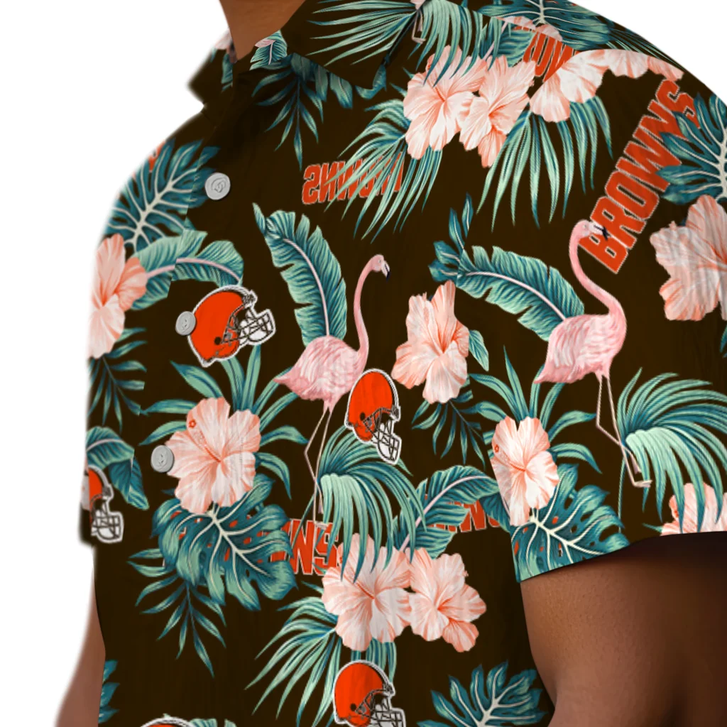 Cleveland Browns Hawaiian Shirt - Flamingo and Hibiscus cleveland browns flamingo palms brown hawaiian shirts trendy
