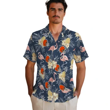 cleveland browns flamingo hibiscus navy hawaiian shirts fashion forward