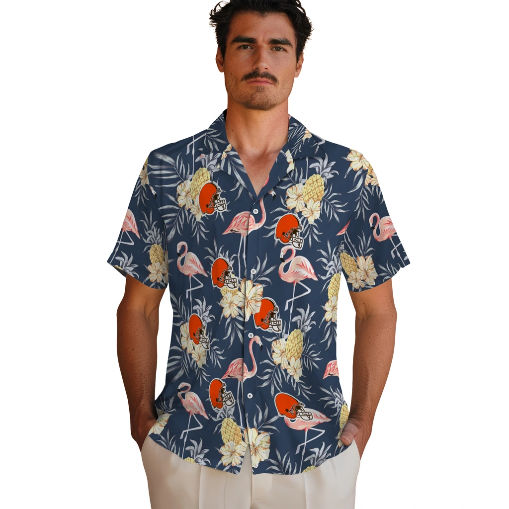 Cleveland Browns Hawaiian Shirt - Flamingo Hibiscus cleveland browns flamingo hibiscus navy hawaiian shirts fashion forward