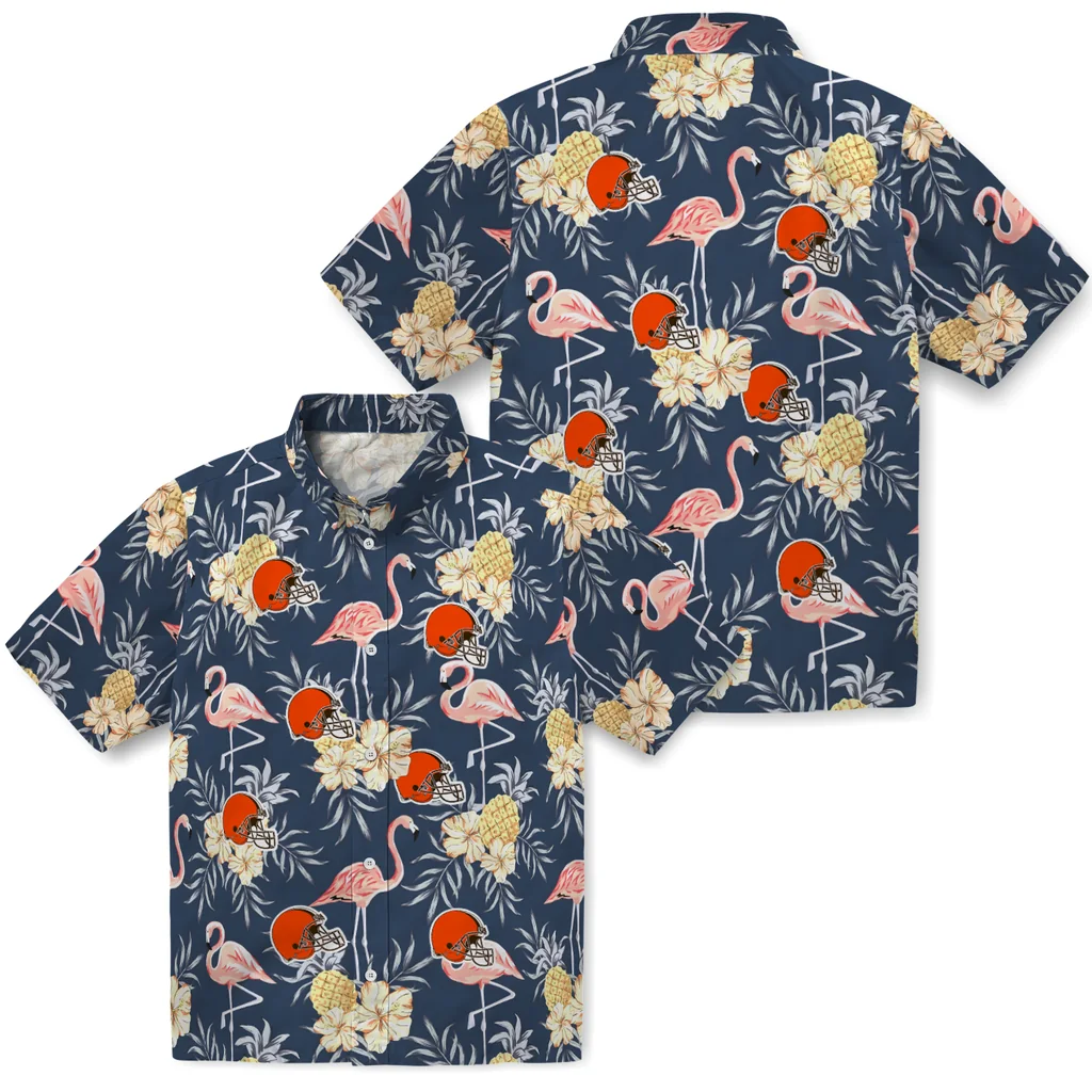 Cleveland Browns Hawaiian Shirt - Flamingo Hibiscus cleveland browns flamingo hibiscus navy hawaiian shirts high quality