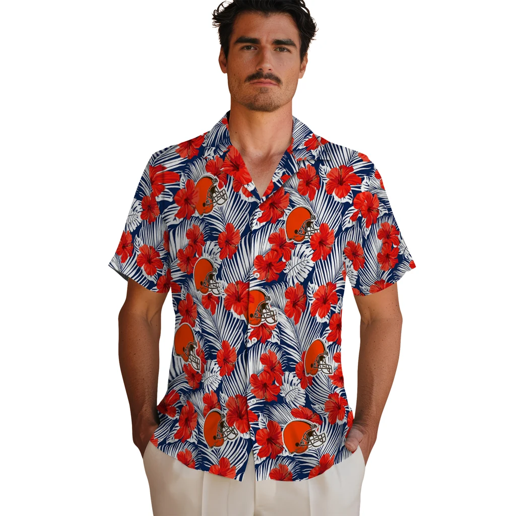 Cleveland Browns Hawaiian Shirt - Hibiscus Fiesta cleveland browns hibiscus fiesta red royal blue hawaiian shirts fashion forward