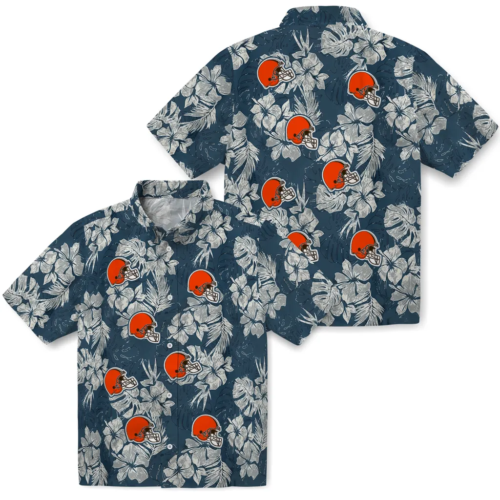Cleveland Browns Hawaiian Shirt - Hibiscus Flowers cleveland browns hibiscus flowers navy blue hawaiian shirts high quality