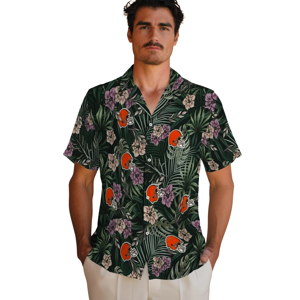 Cleveland Browns Hawaiian Shirt - Hibiscus Leaves Pattern cleveland browns hibiscus leaves pattern green hawaiian shirts fashion forward