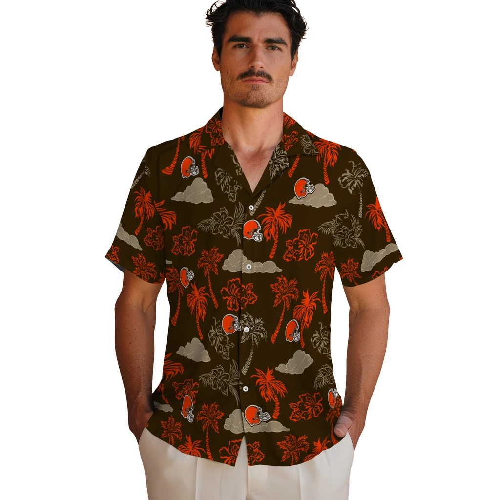 Cleveland Browns Hawaiian Shirt - Palm And Clouds cleveland browns palm and clouds brown hawaiian shirts fashion forward