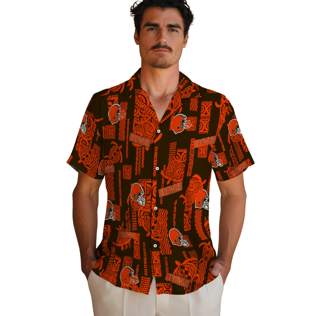 Cleveland Browns Hawaiian Shirt - Turtle Lines cleveland browns turtle lines brown hawaiian shirts fashion forward