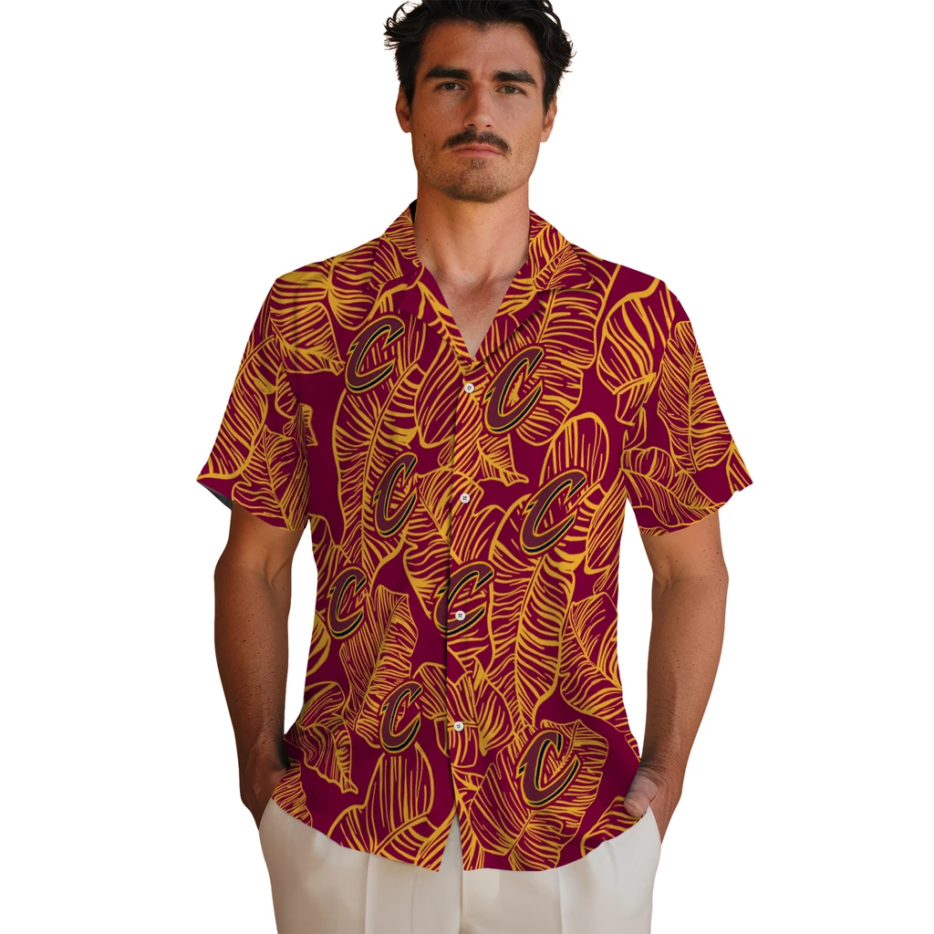 Cleveland Cavaliers Hawaiian Shirt - Leaf Outline cleveland cavaliers leaf outline wine hawaiian shirts fashion forward