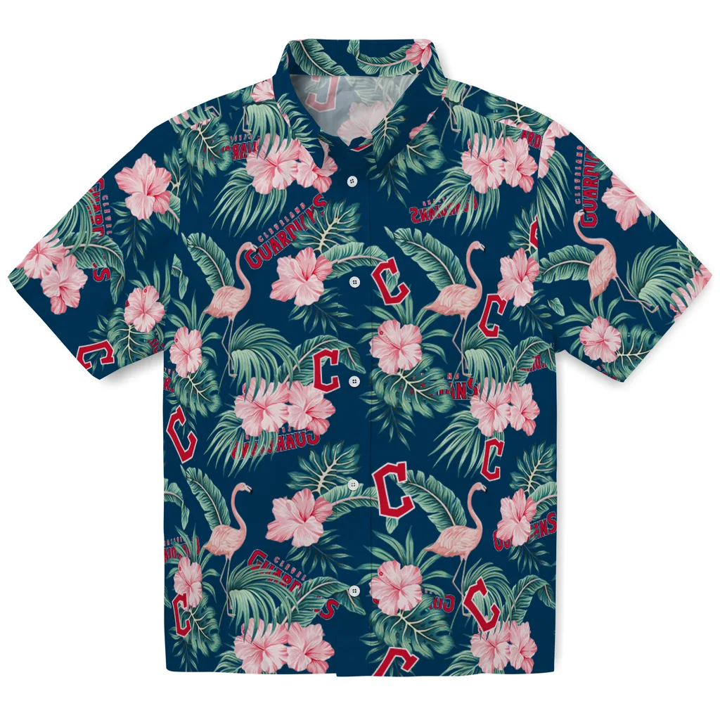 Cleveland Guardians Hawaiian Shirt - Flamingo and Hibiscus cleveland guardians flamingo palms navy blue hawaiian shirts best selling