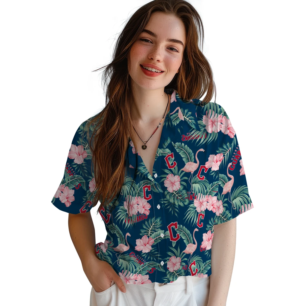 Cleveland Guardians Hawaiian Shirt - Flamingo and Hibiscus cleveland guardians flamingo palms navy blue hawaiian shirts latest model