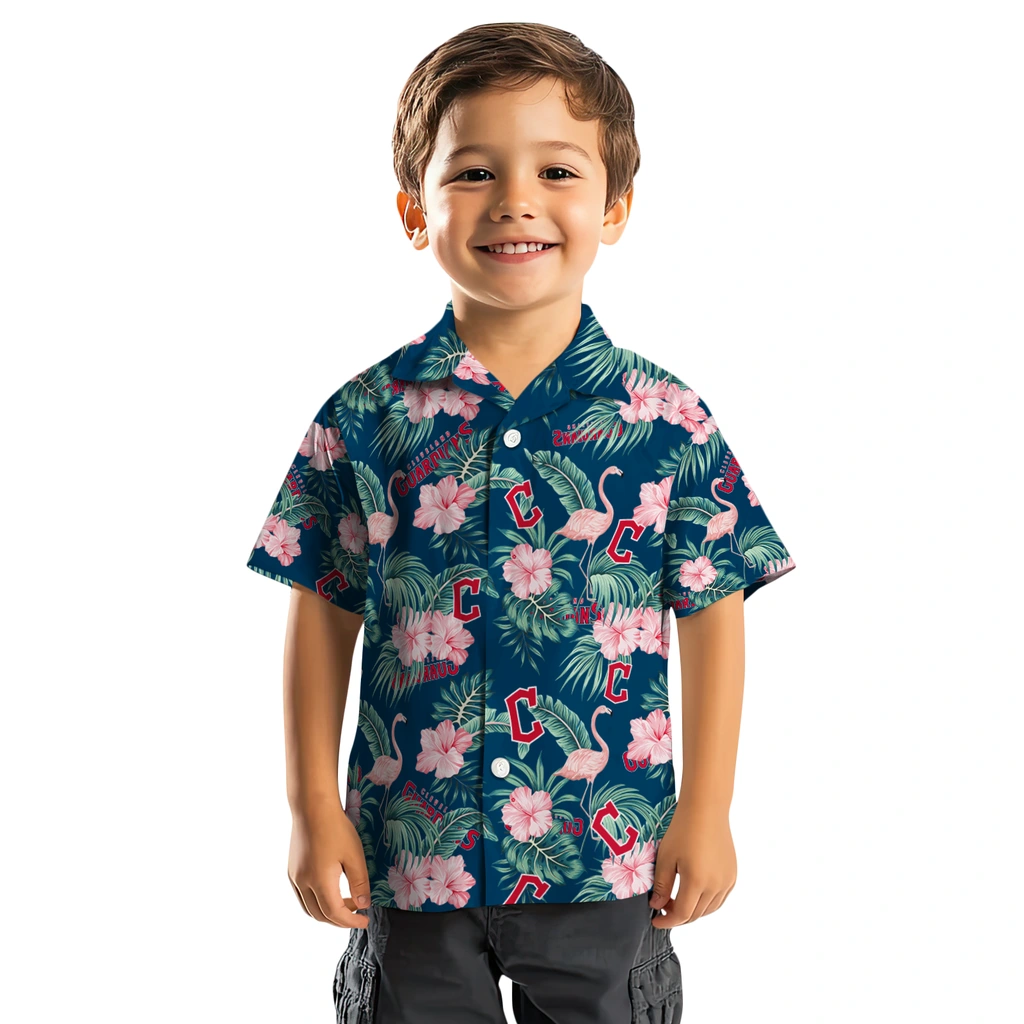 Cleveland Guardians Hawaiian Shirt - Flamingo and Hibiscus cleveland guardians flamingo palms navy blue hawaiian shirts top rated